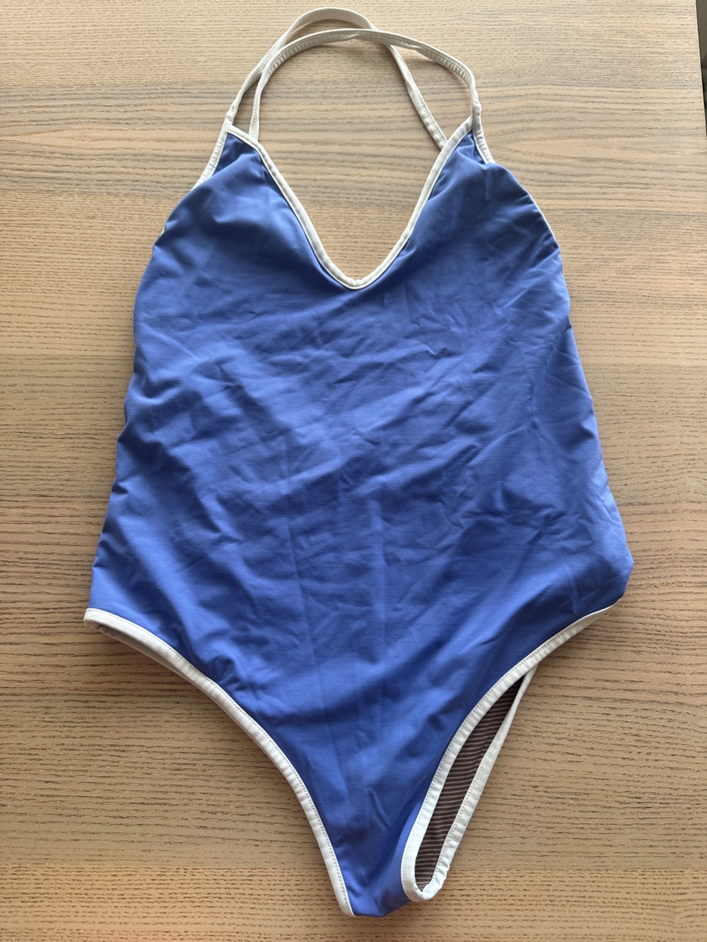 acacia swimwear Blue One-Piece with Cream Piping